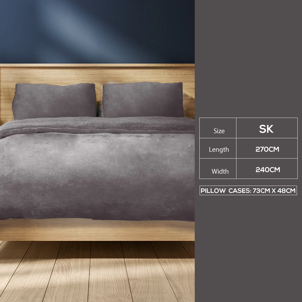 SUPER KING 3-Piece Flannel Quilt Cover & Pillowcase Set - Grey - Nurns