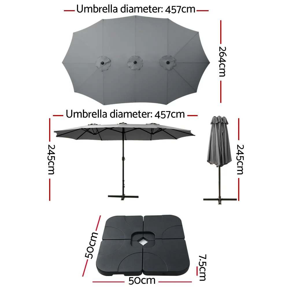 Instahut 4.57m Outdoor Umbrella w/Base Stand Beach Pole Garden Tilt Charcoal - Nurns