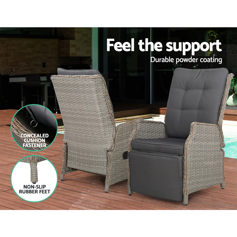 Moore Recliner Chairs Setting Outdoor Furniture Patio Wicker Sofa - Grey - Nurns