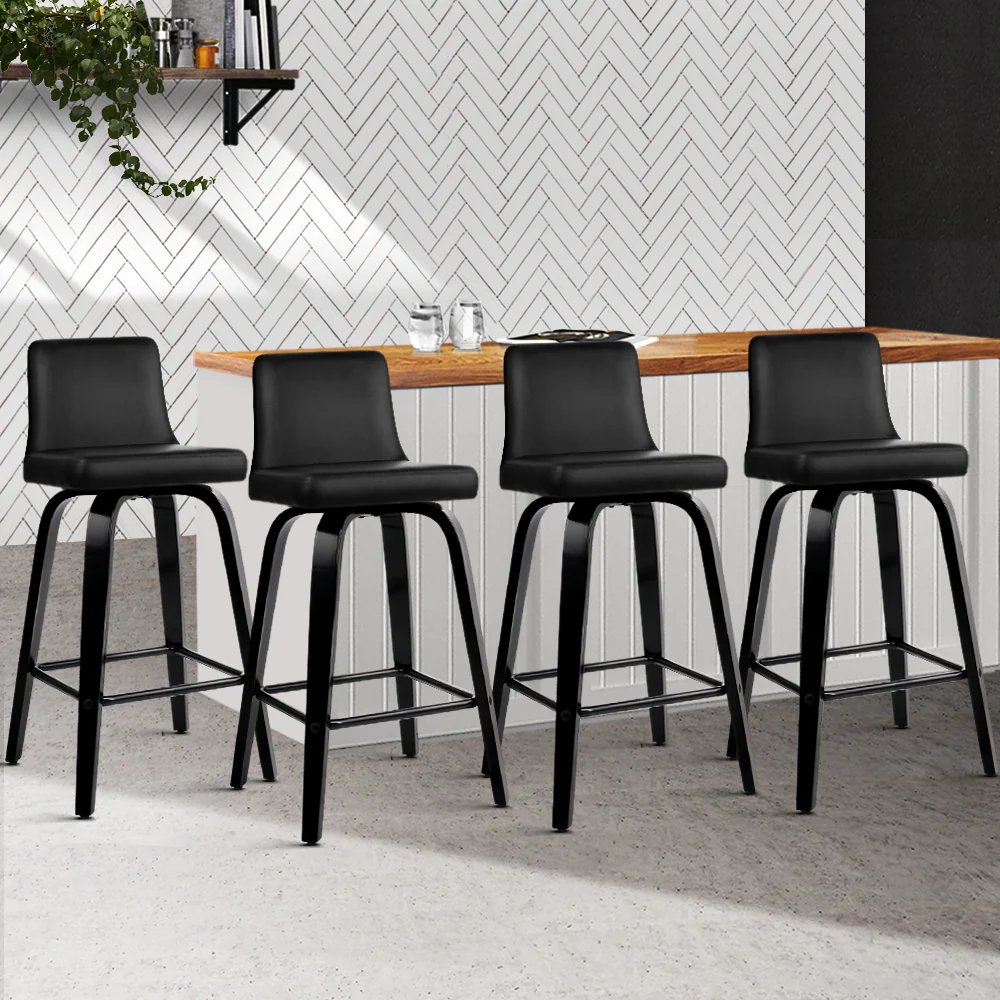 Set of 4 Florina Wooden PU Leather Bar Stool - Black - Nurns