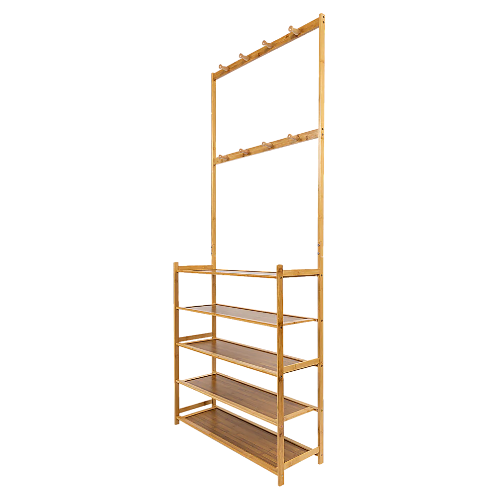 Large Wooden 5 Tiers Hat Coat Stand Clothes Shoe Rack Hanger Hooks Shelf Storage - Nurns