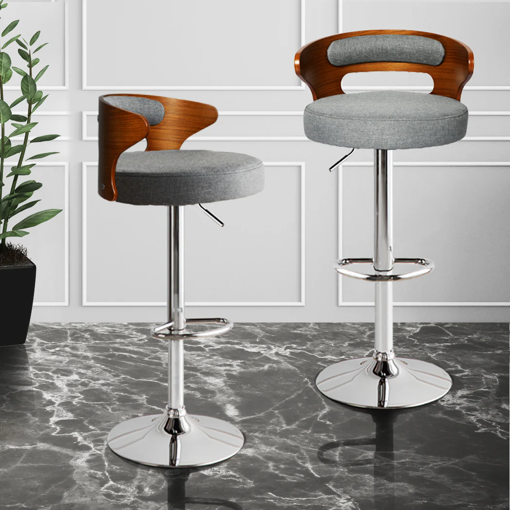 85cm Leipzig Kitchen Bar Stools Gas Lift Wooden Beech Stool Metal Barstools - Grey & Silver - Nurns