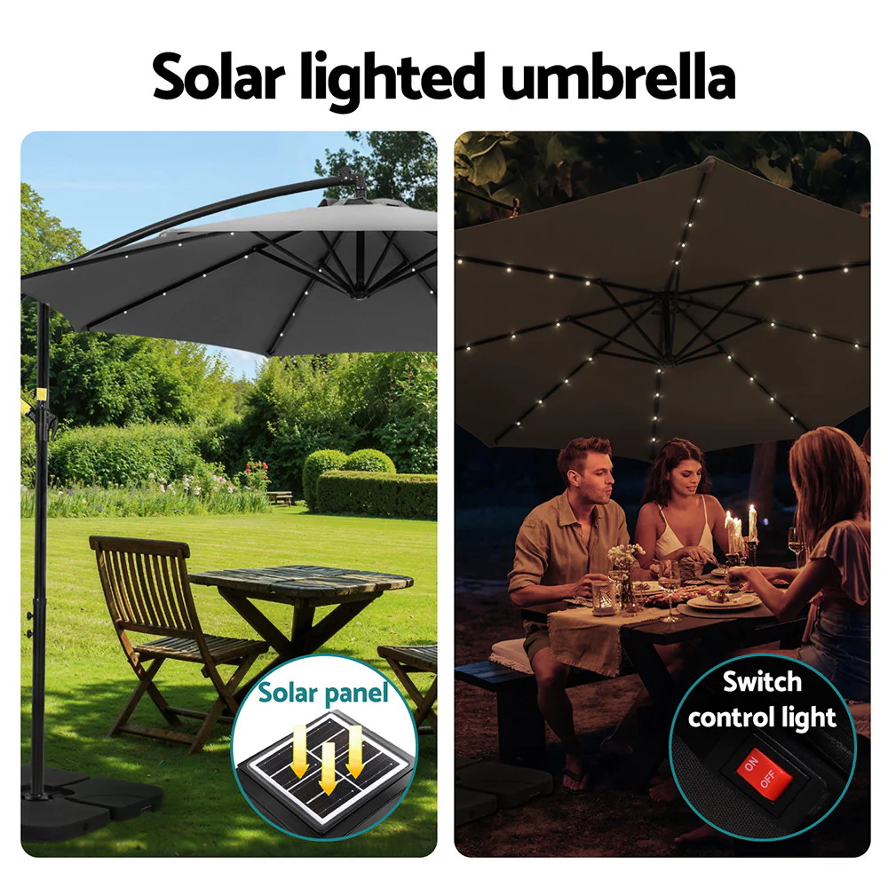 Instahut Outdoor Umbrella 3M Cantilever Beach LED Base Garden Sun Patio Charcoal - Nurns