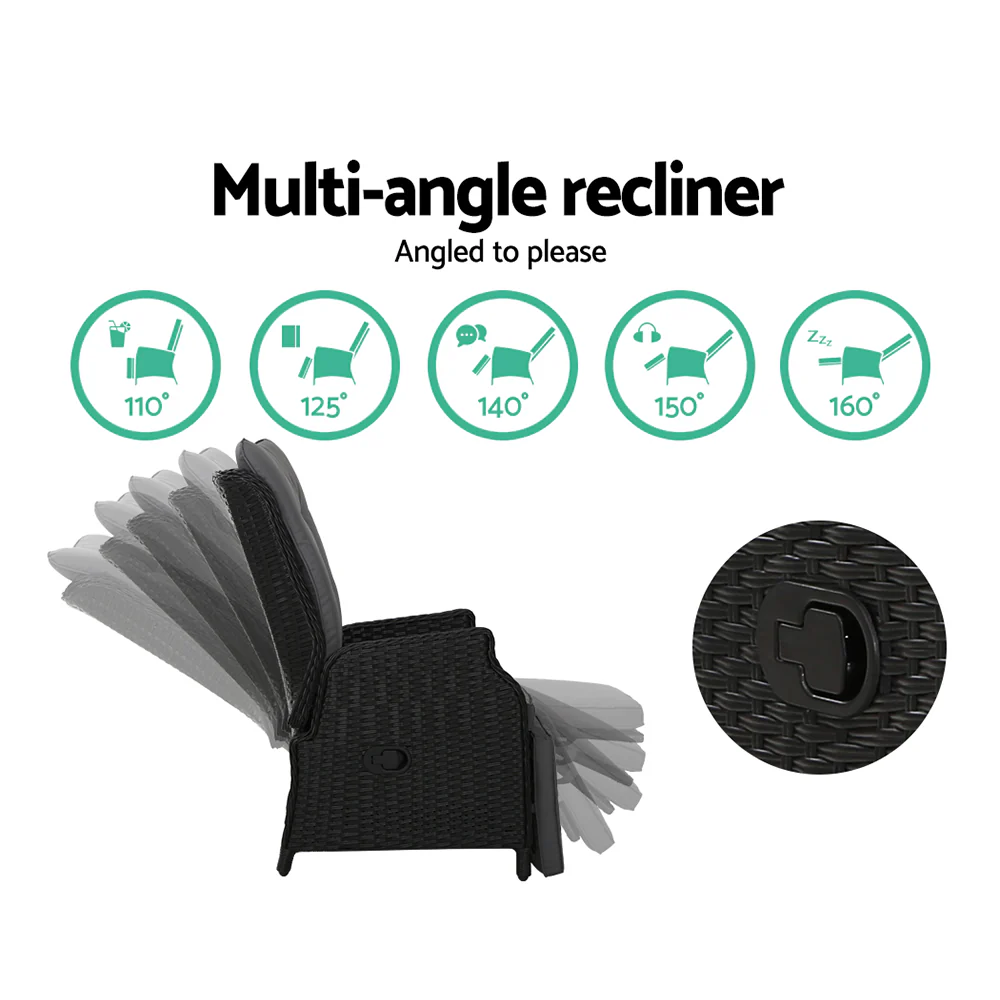 Moore Set of 2 Recliner Chairs Setting Outdoor Furniture Patio Wicker Sofa - Black - Nurns