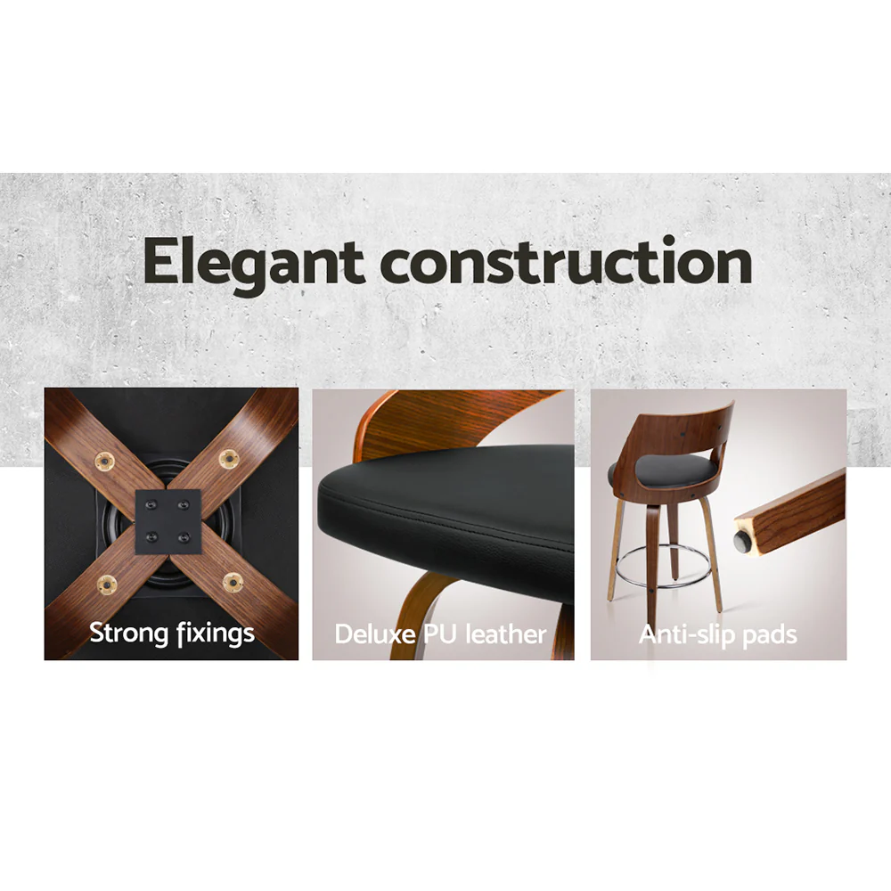 Set of 4 Kastoria Wooden Bar Stools PU Leather - Black & Wood - Nurns