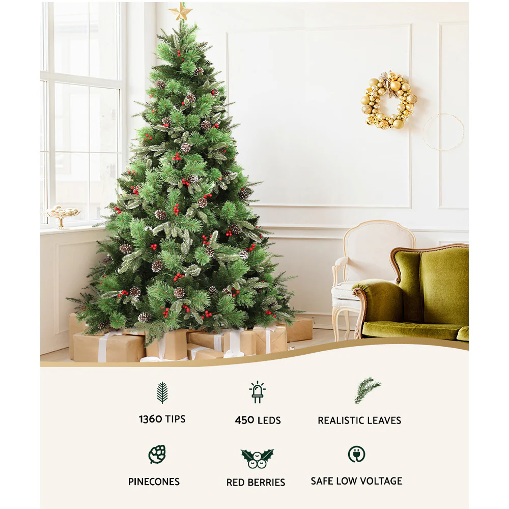 7ft 2.1m 1360 Tips Christmas Tree with Pine Cones Red Berries Prelit Warm Lights - Nurns