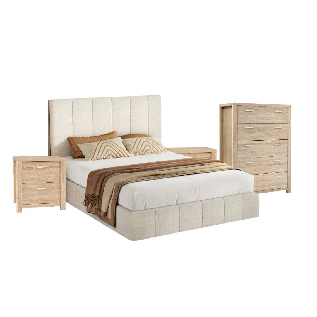 Harlech Queen Bedroom Suite 5 Piece 1x Queen Mattress, 1x Queen Fabric Bed Frame, 2x Wooden Bedside Tables and 1x Tallboy - Nurns