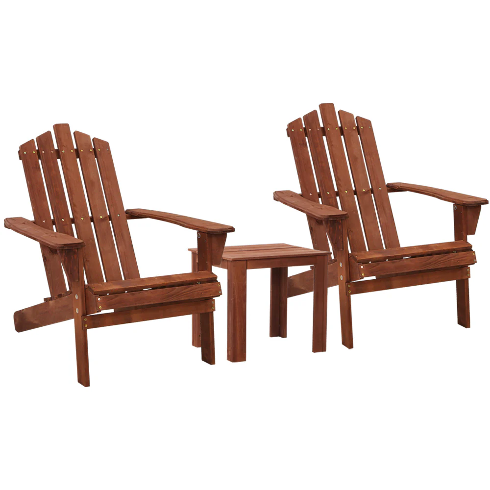 Adirondack Gardeon 3PC Outdoor Table and Chairs Wooden Beach Chair Brown - Nurns
