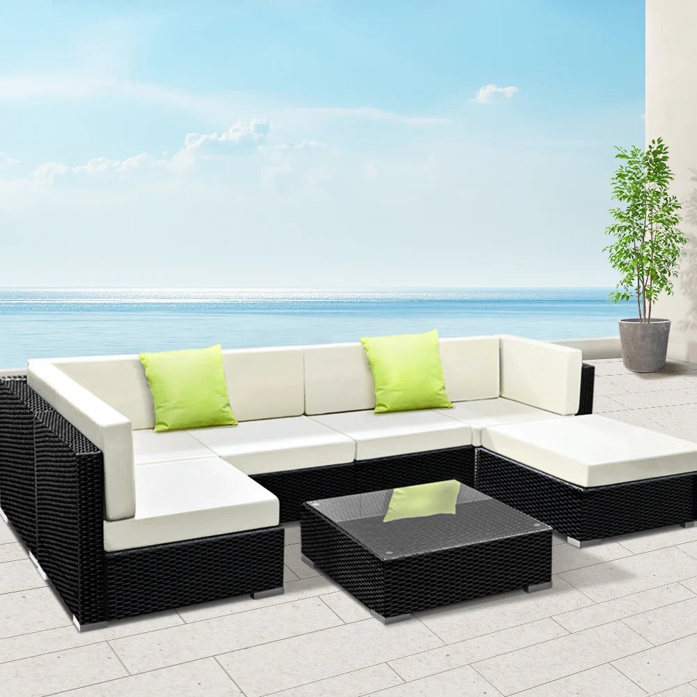Chester 6-Seater Furniture Set Wicker Garden Patio Pool Lounge 7-Piece Outdoor Sofa - Black - Nurns