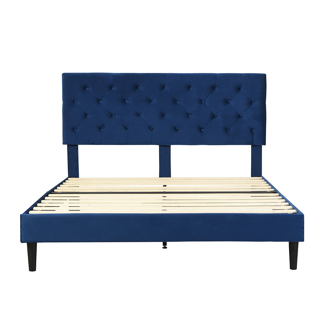 Assen Bed Frame Base Platform Wooden Velvet with Headboard Blue - Queen - Nurns