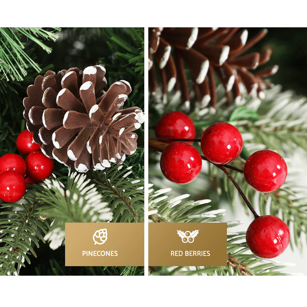 7ft 2.1m 1360 Tips Christmas Tree with Pine Cones Red Berries Prelit Warm Lights - Nurns