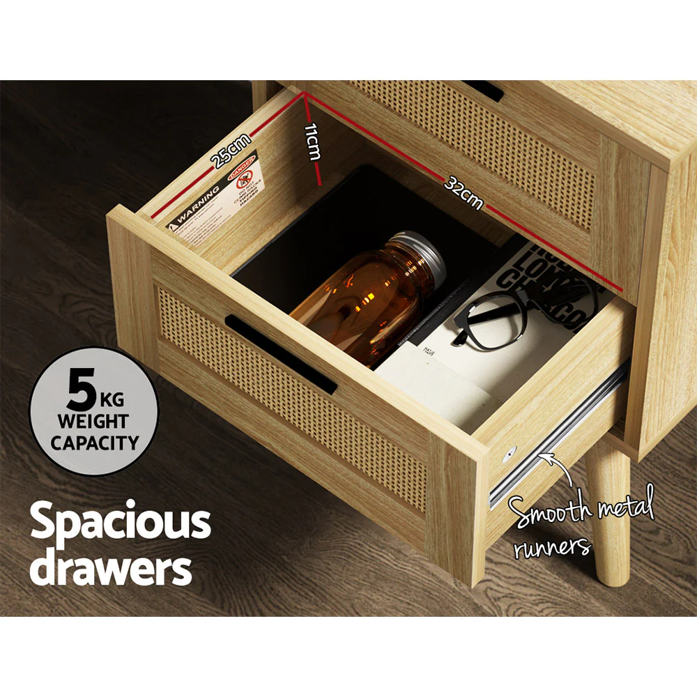 Simcoe Wood Rattan Bedside Tables Rattan Side Table Nightstand Storage Cabinet with 2 Drawers - Wood - Nurns