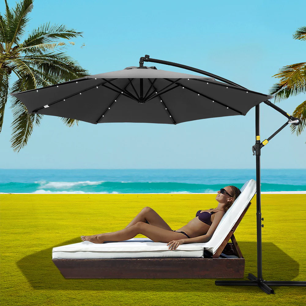 Instahut Outdoor Umbrella 3M Cantilever Beach LED Garden Shade Patio Charcoal - Nurns