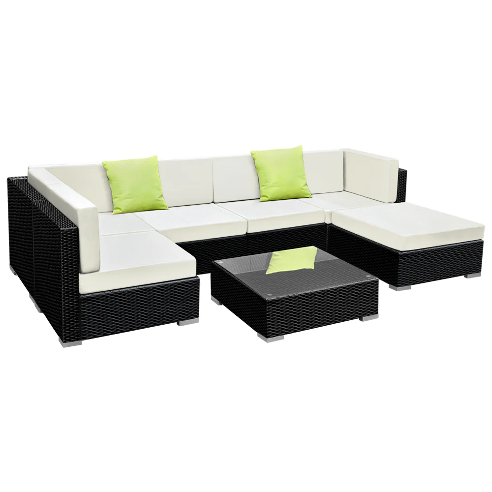 Chester 6-Seater Furniture Set Wicker Garden Patio Pool Lounge 7-Piece Outdoor Sofa - Black - Nurns