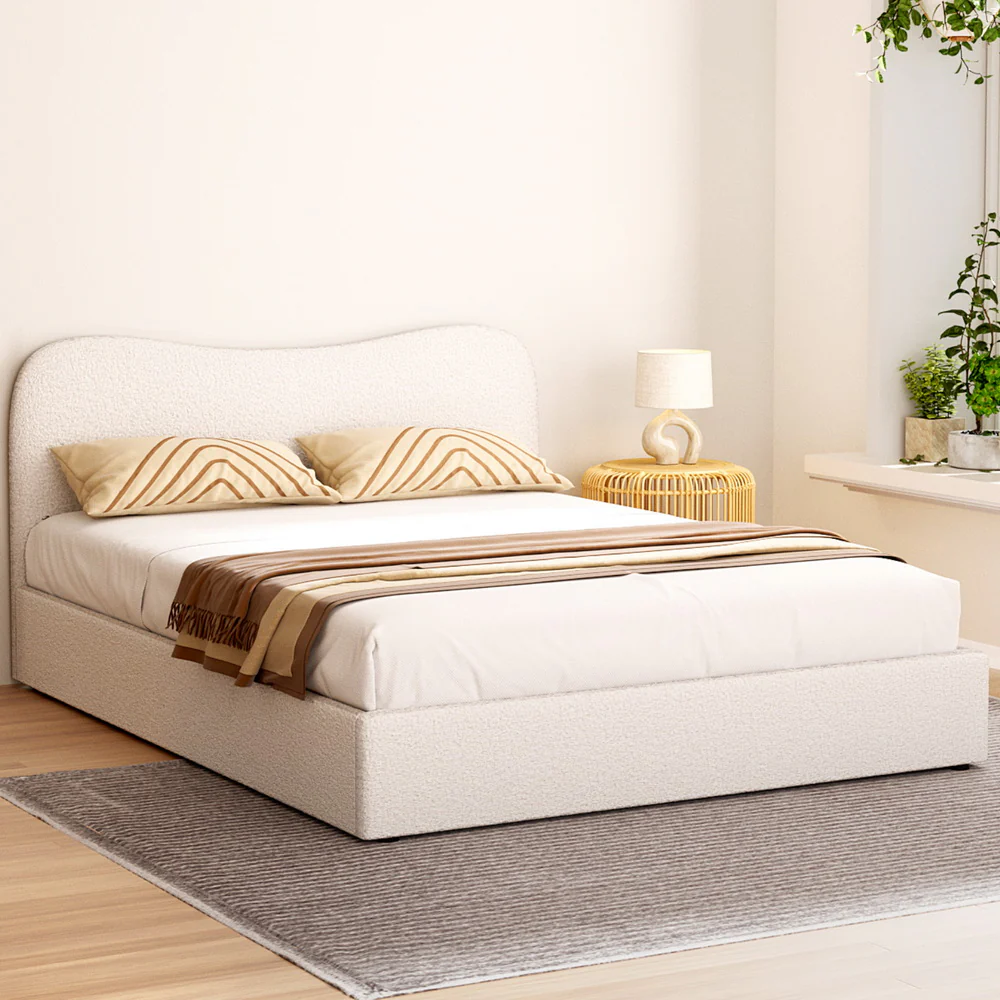 Naida Bed Frame Bouclé - Beige Queen - Nurns